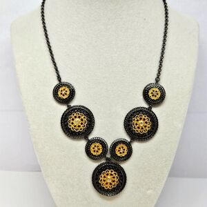 VINTAGE Crown Nine CN Black Metal Lace Medallion Bib Necklace